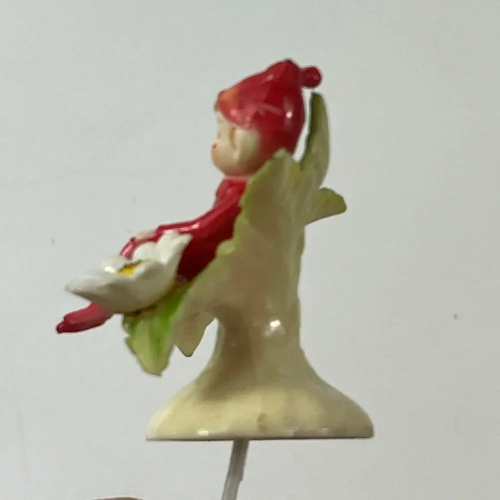 Vintage Elf Pixie on Flower Pick Figurine Red Suit Daisies ~2.25
